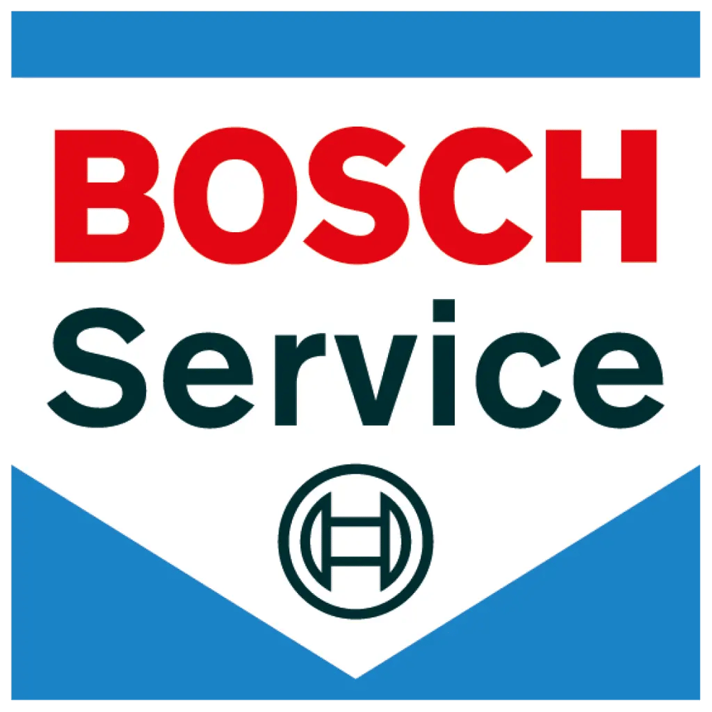 Bosch Service Logo mit rotem "BOSCH" und schwarzem "Service" über dem Bosch-Symbol auf weiß-blauem Hintergrund.