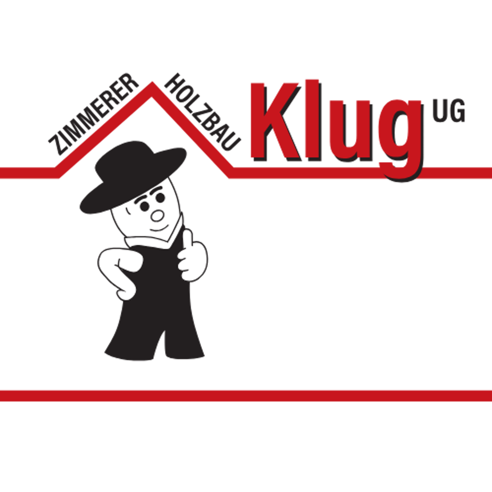 Firmenlogo Klug UG: Männchen im Hut, Daumen hoch, rotes Dach, Text "Zimmerer Holzbau Klug UG"