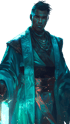 A dark-skinned man with short dreadlocks wears a teal robe with intricate patterns and holds a glowing lantern.