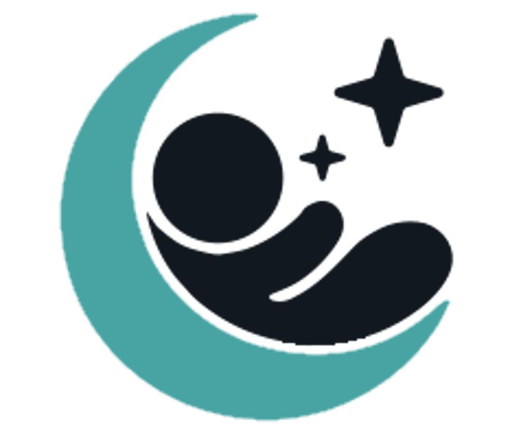 Schwarzes Baby liegt in einem blauen Halbmond, daneben zwei schwarze Sterne.