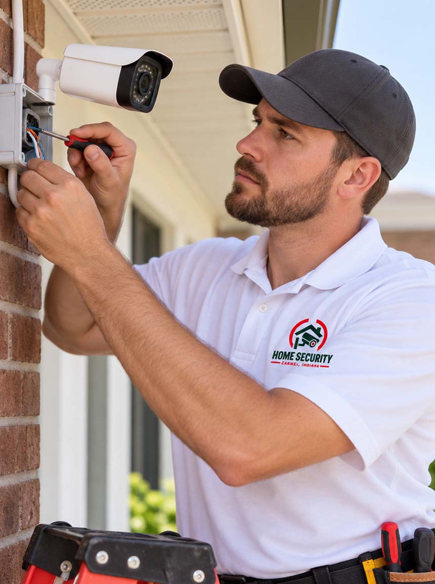 A security technician running low-voltage wiring inside a home