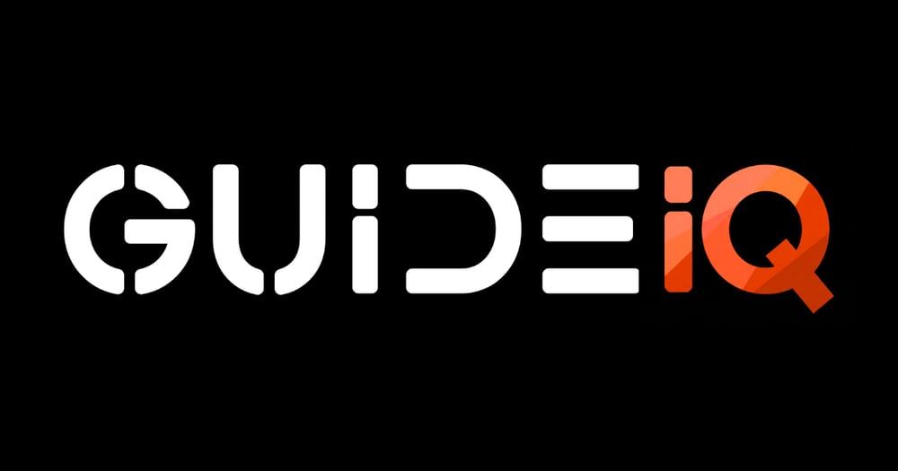 Orange text "GUIDE IQ" logo on a dark green background.