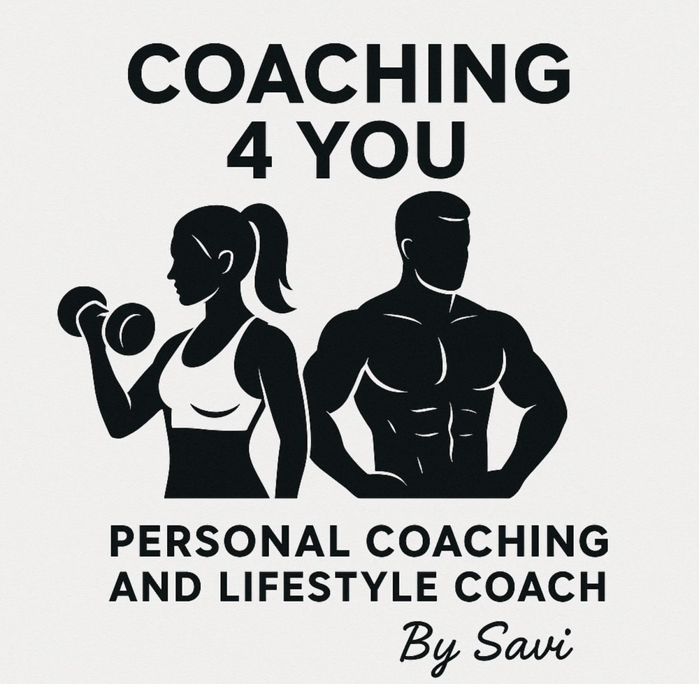 COACHING 4 YOU. Frau mit Hantel, Mann mit definierter Brust. PERSONAL COACHING AND LIFESTYLE COACH By Savi.