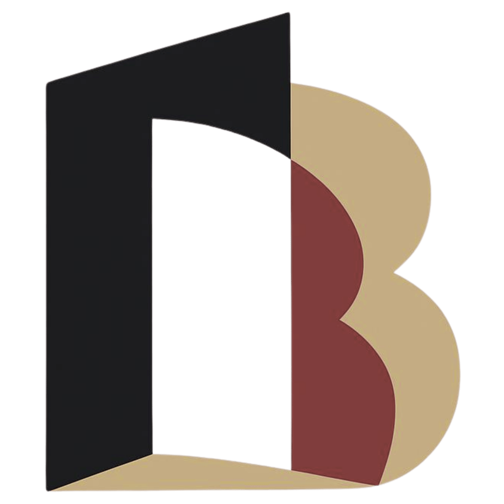 Stilisiertes Logo aus den Buchstaben "R" und "B" in Schwarz, Gold und Rotbraun auf beigem Hintergrund.