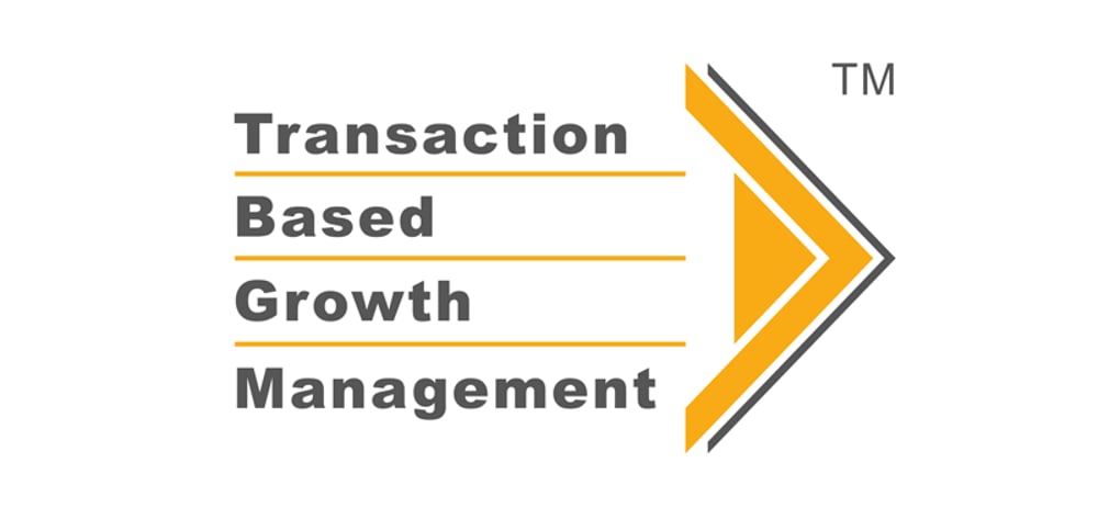 TBGM-Logo with "Transaction Based Growth Management" slogan with a large orange right arrow logo.