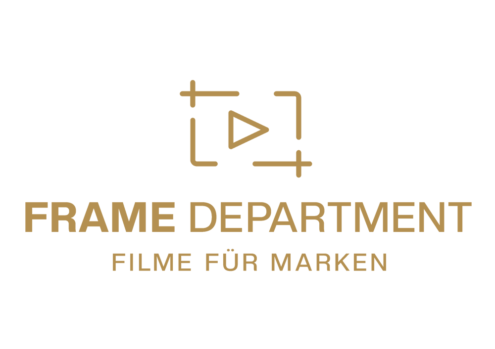 Logo: Ein Video-Icon über dem Text "FRAME DEPARTMENT FILME FÜR MARKEN" in Gold auf dunkelgrünem Hintergrund.