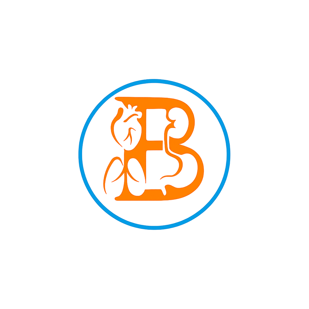 Orangefarbener Buchstabe B mit blauer Umrandung auf grünem Hintergrund.