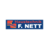 Blauer Hintergrund mit rotem Logo von Haustechnik F. NETT und stilisierten Linien.