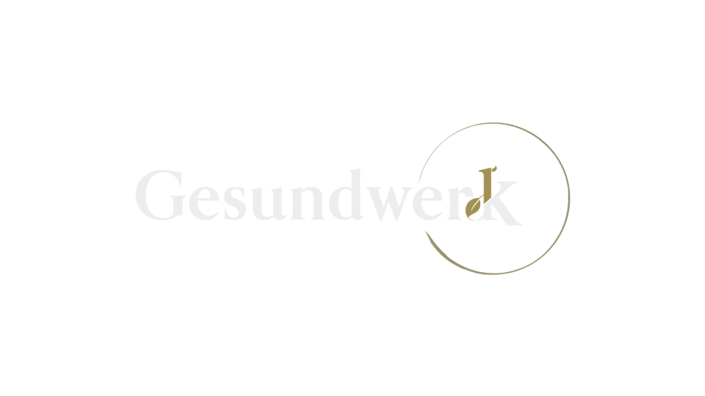 Gesundwerk Logo in weißer und goldener Schrift auf schwarzem Hintergrund mit einem feinen goldenen Kreis.