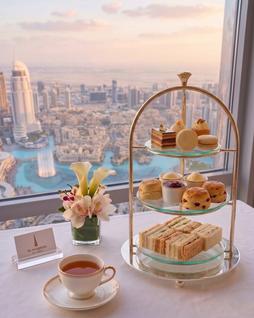 Afternoon Tea im Burj Khalifa mit Blick ueber Downtown Dubai