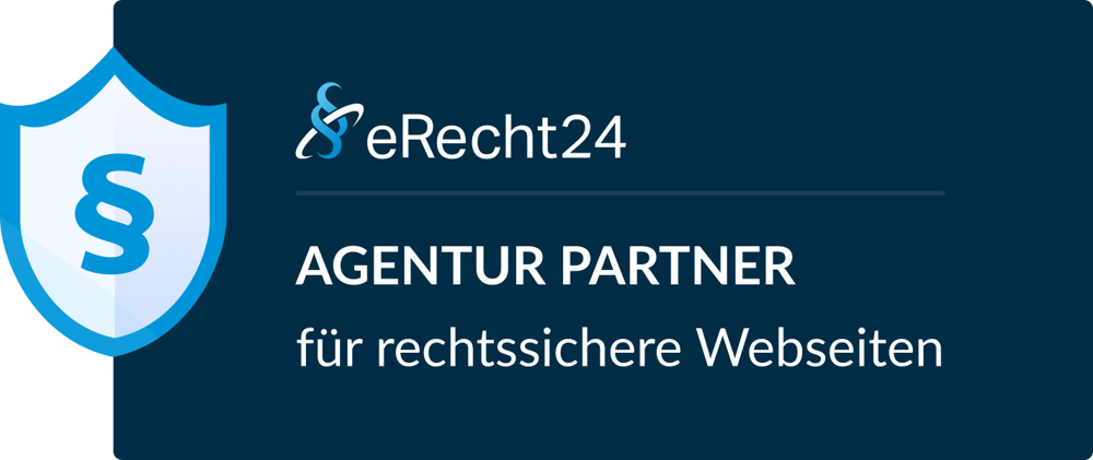 Blaues Schild mit §-Zeichen und Text: "eRecht24 AGENTUR PARTNER für rechtssichere Webseiten".