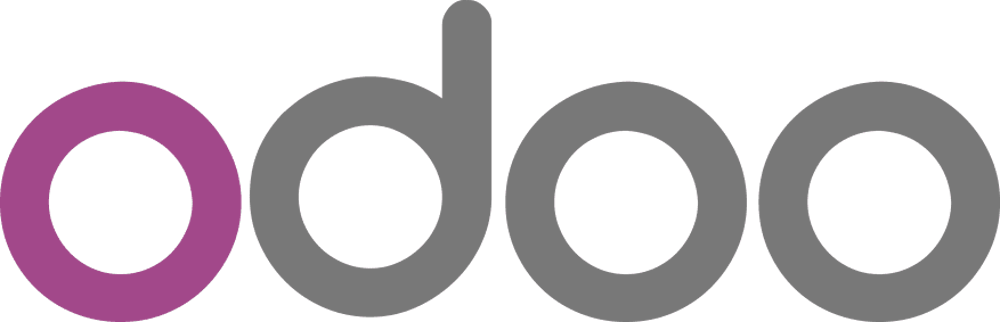 Odoo Logo in Großbuchstaben: Das erste "O" ist magenta, der Rest des Wortes ist grau.