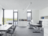 Modernes, helles Büro mit weißen USM Haller Möbeln, Schreibtisch, Konferenztisch und schwarzen ergonomischen Bürostühlen.