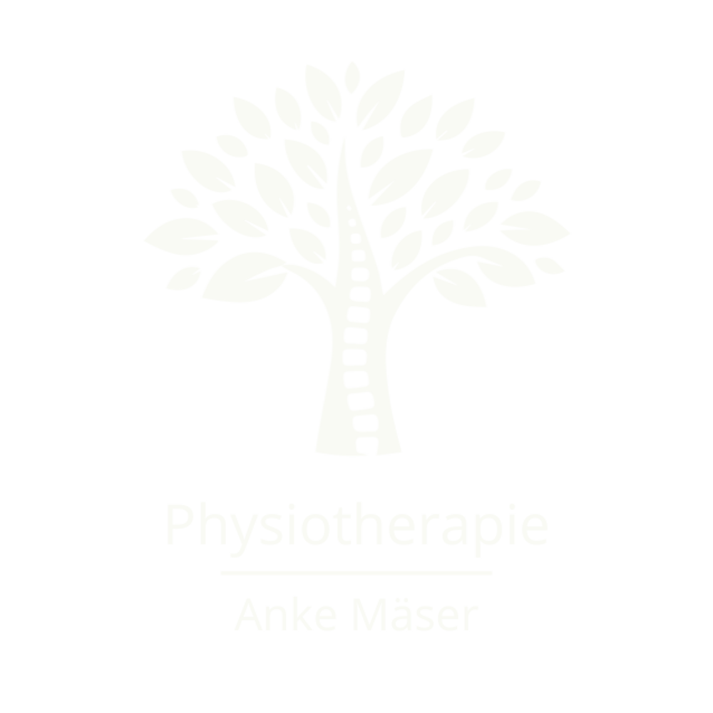 Baum-Logo mit Wirbelsäule als Stamm und Text "Physiotherapie Anke Mäser" auf grünem Hintergrund.