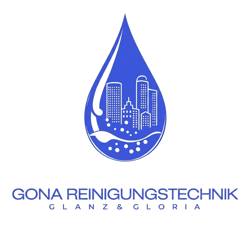 Logo von Gona Reinigungstechnik mit blauer Wassertropfen-Grafik, Skyline-Silhouette und Slogan Glanz & Gloria.
