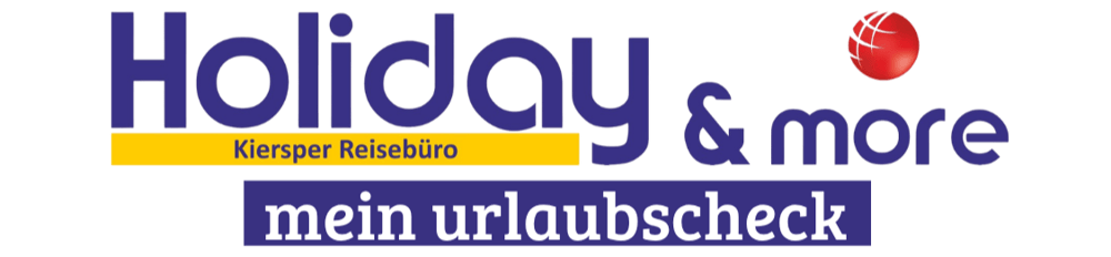 Logo von Holiday & more Kiersper Reisebüro mit dem Slogan mein urlaubscheck und einem roten Globus-Symbol.