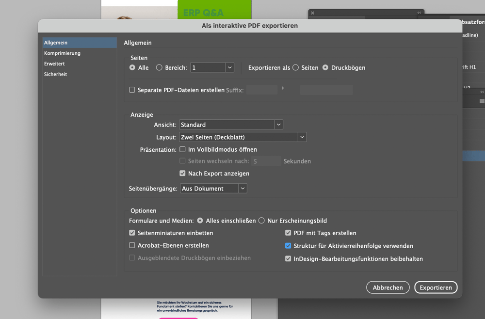 Exporteinstellungen