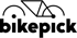Logo mit schwarzer Umrisszeichnung eines Fahrrads über dem Text "bikepick" auf dunkelgrünem Hintergrund.