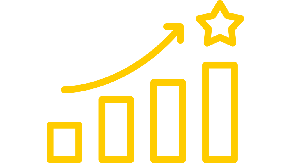 Balkendiagramm mit ansteigenden Säulen und einem aufsteigenden Pfeil, der in einem Stern endet.