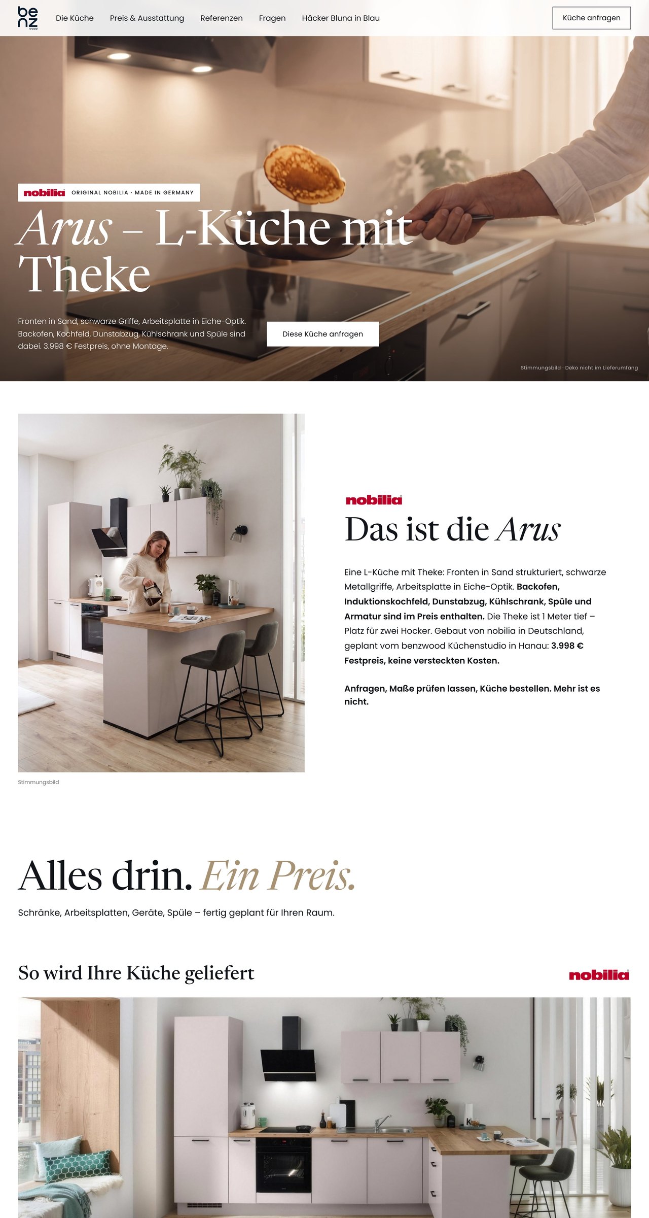 benzwood Küchenstudio website, first three screens