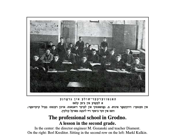 Fotografía en blanco y negro de una clase de segundo grado en la escuela profesional judía de Grodno. Filas de alumnos varones sentados en pupitres de madera, mirando a cámara, en un aula con pizarrón al fondo. Imagen del Yizkor Book de Grodno.