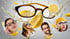 Braune Brille mit spritzender Zitronenlimonade, umgeben von vier Personen, die Brillen tragen, und Zitronenscheiben um sich herum haben.