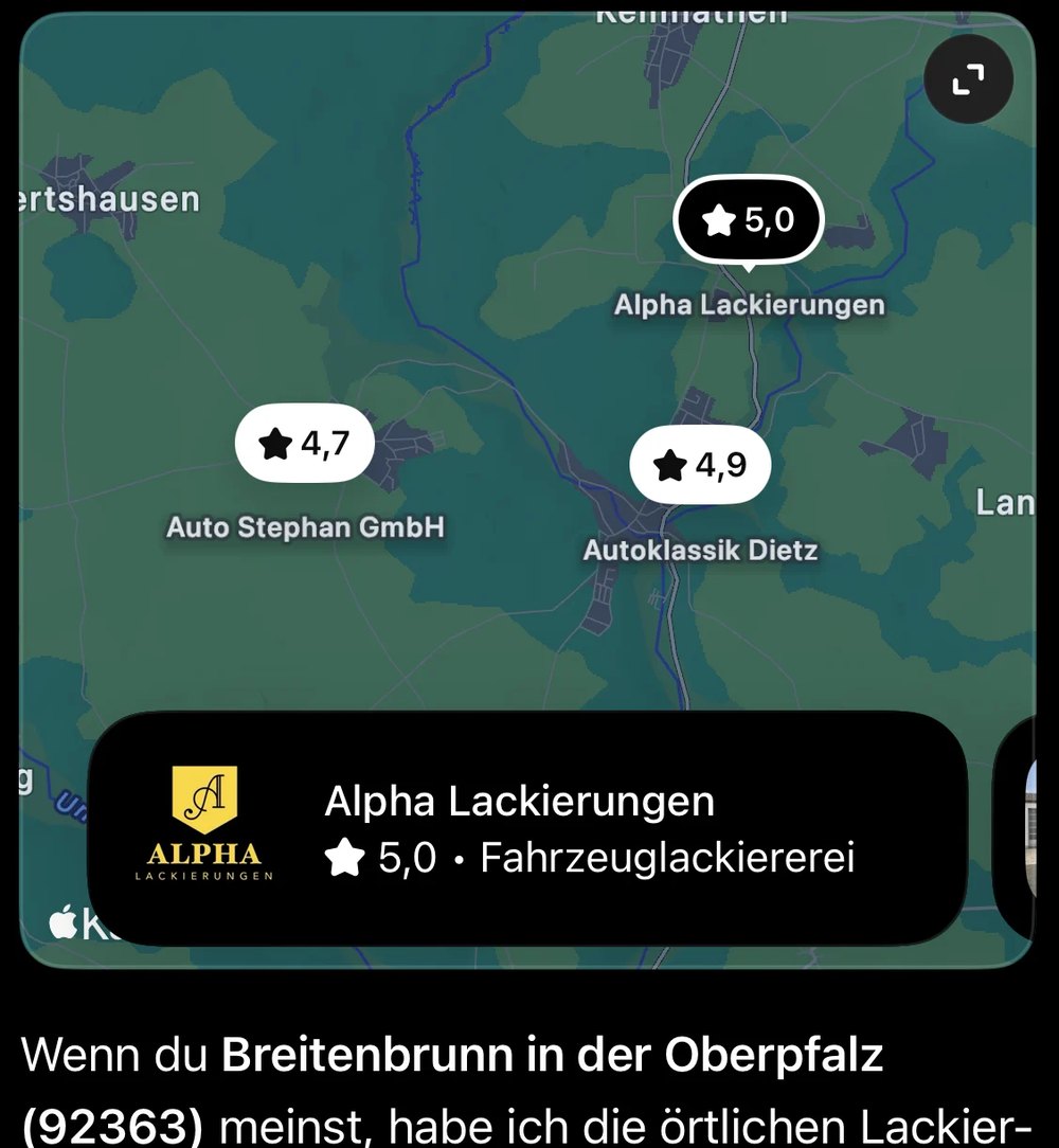 ChatGPT-Antwort mit Karte, auf der Alpha Lackierungen hervorgehoben ist