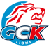Logo des GCK Lions Eishockeyteams: roter Löwenkopf auf blauem Kreis, darunter "GCK LIONS" in Blau und Rot.