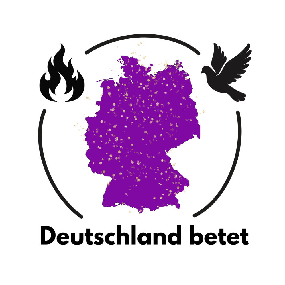 Lila Karte von Deutschland mit leuchtenden Punkten, umgeben von Feuer und Taube, Text "Deutschland betet".