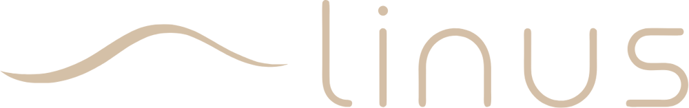 Linus-Logo mit geschwungener Linie und dem Wort "linus" in Beige auf dunklem Hintergrund.