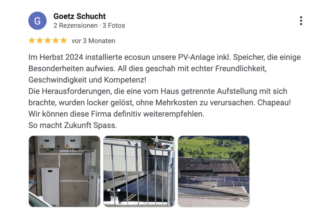 5-Sterne-Google-Rezension von Goetz Schucht für ecosun über eine PV-Anlage mit Speicher.
