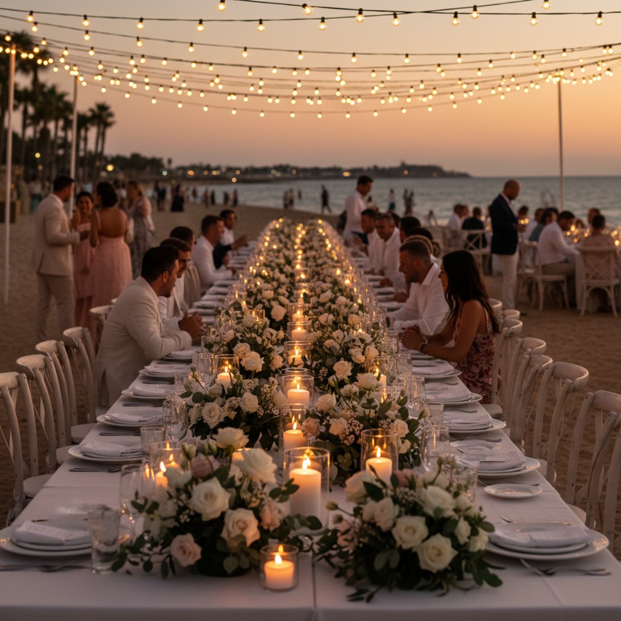 Abendliche Hochzeitstafel am Strand mit Lichterketten