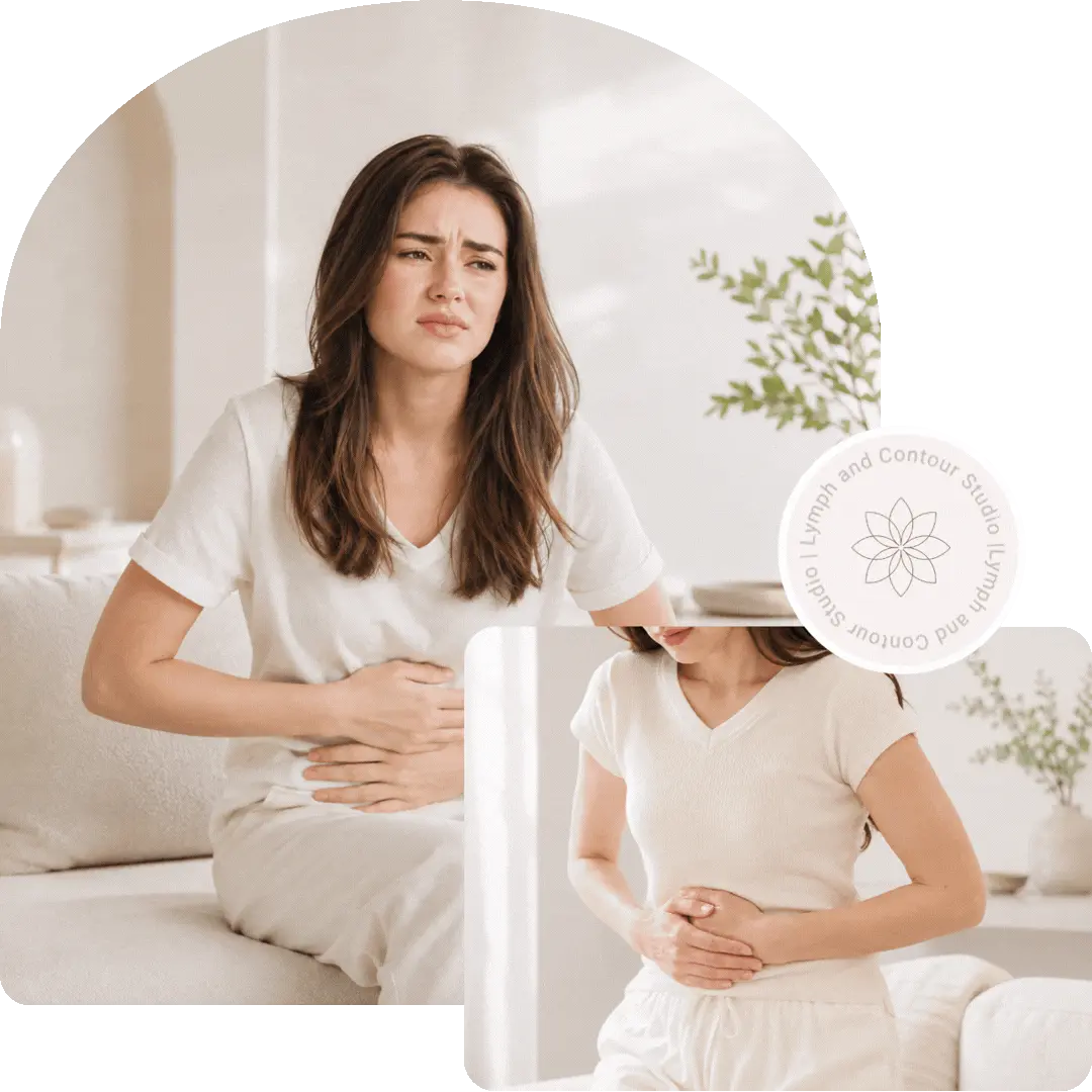 Woman holding her bloated stomach next to the Lymph and Contour Studio logo.