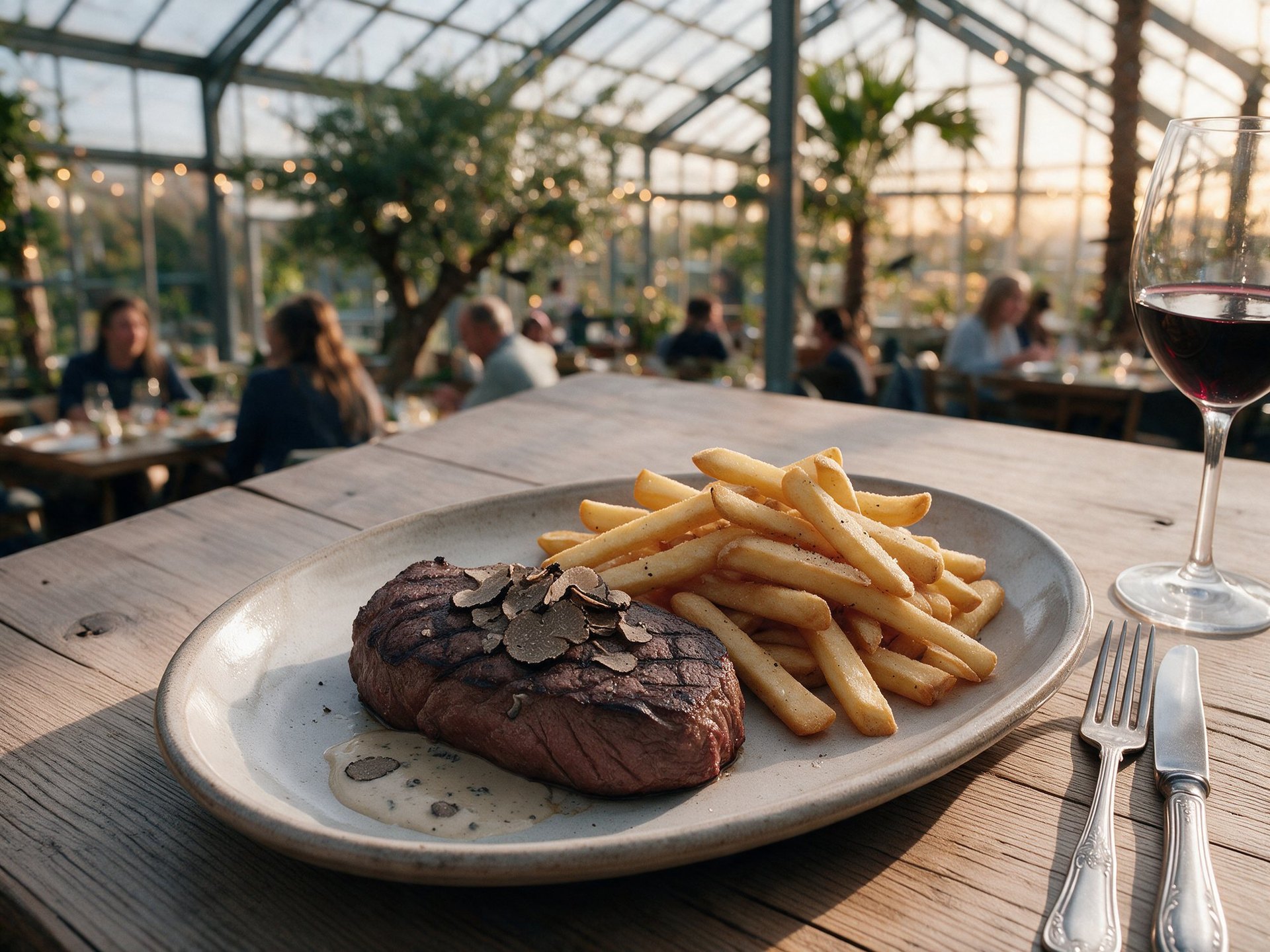 Gegrilltes Rinderhüftsteak mit gehobeltem Trüffel, Trüffelsauce und Pommes