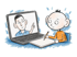 Ilustracija: dečak hvata beleške dok na ekranu laptopa prati nastavnika na online času.