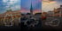 Brandenburger Tor in Berlin, Fraumünster-Kirche in Zürich und Wiener Staatsoper mit den Umrissen von DE, CH und AT.