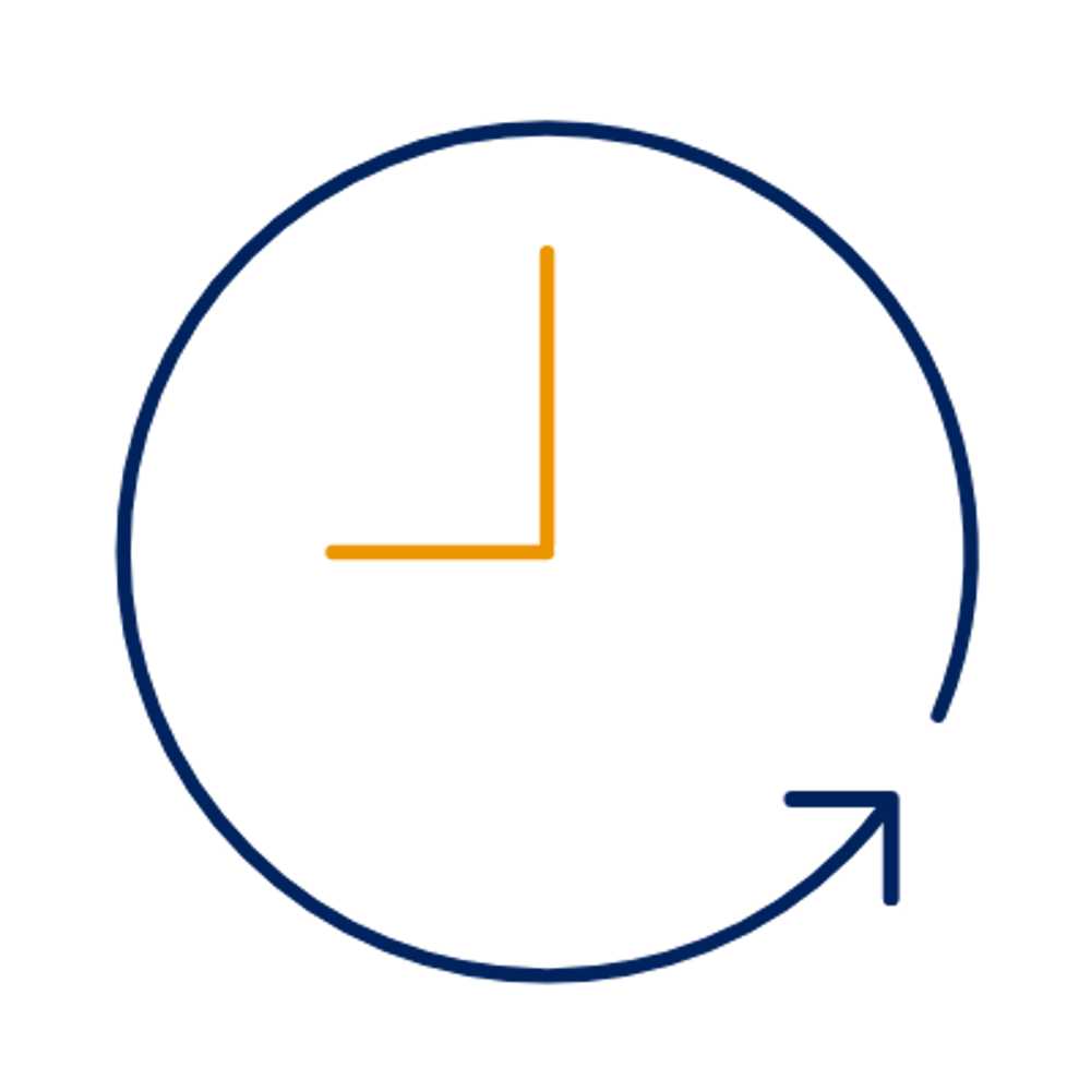 Kreisförmiges Uhrsymbol mit orangefarbenen Zeigern und einem blauen Aktualisierungspfeil.