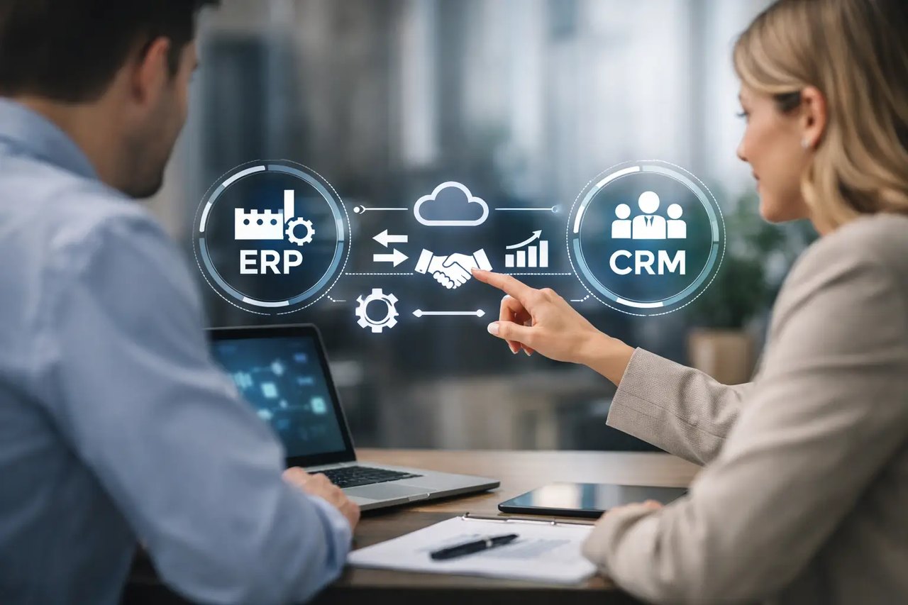Zwei Personen betrachten eine Grafik zur Integration von ERP- und CRM-Systemen mit Symbolen für Cloud und Datenaustausch.