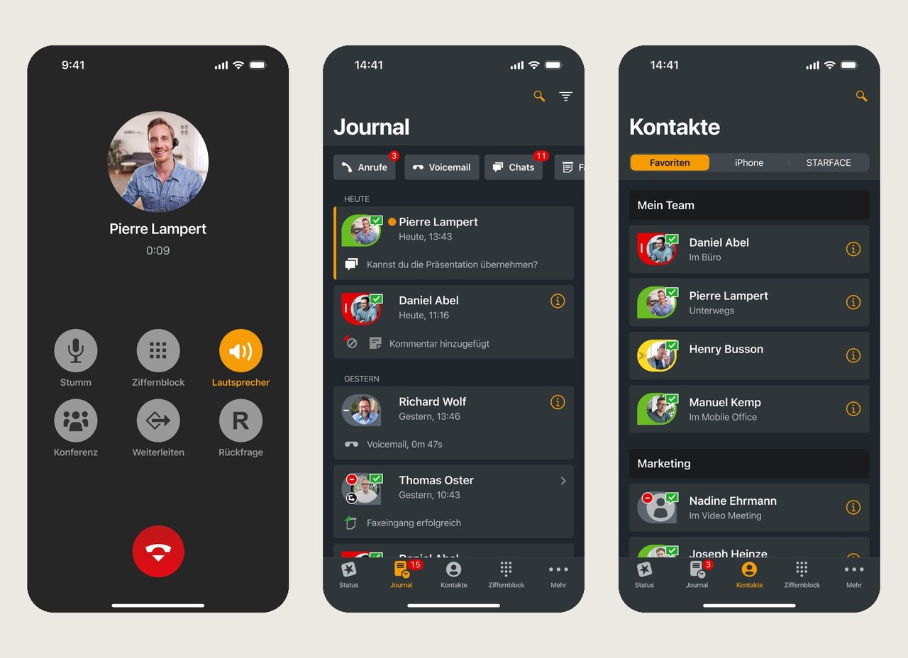 Drei Ansichten der STARFACE App auf dem iPhone: laufender Anruf, Journal und Kontakte mit Präsenzstatus