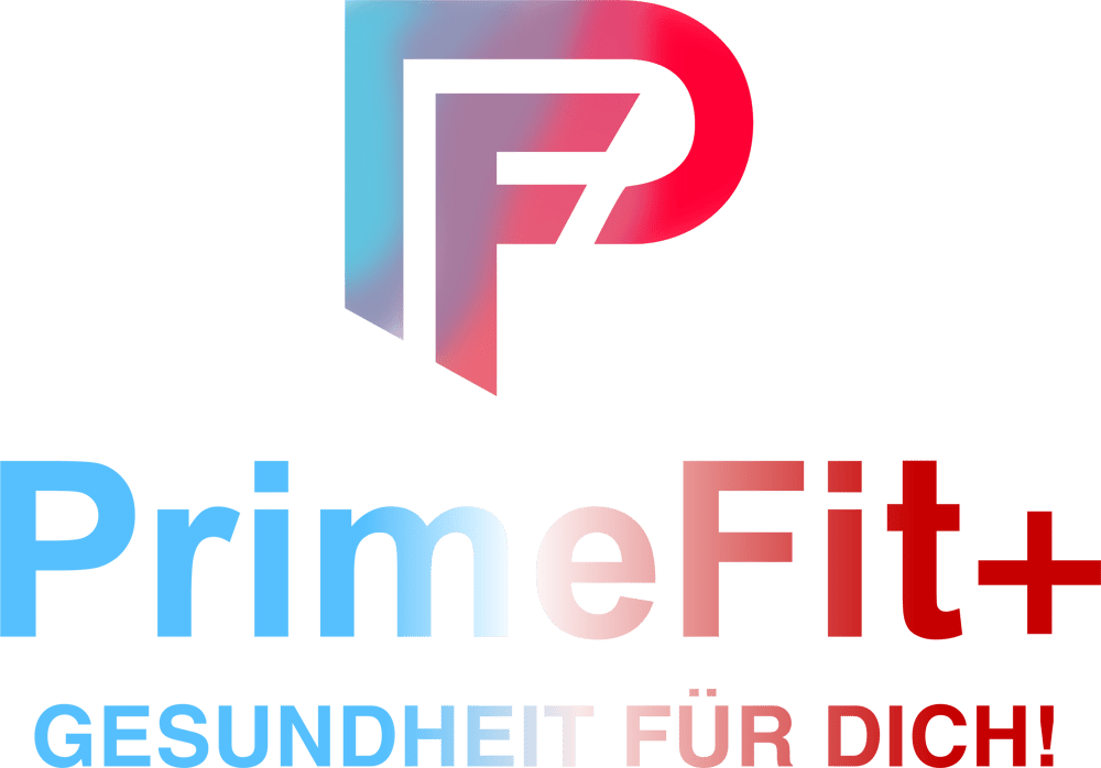 Logo PrimeFit+ mit rotem und blauem Farbverlauf, darunter "GESUNDHEIT FÜR DICH!"