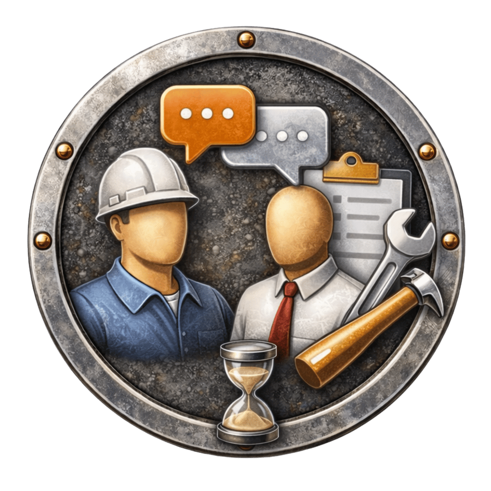 Ein Bauarbeiter und ein Geschäftsmann unterhalten sich, umgeben von Werkzeugen, Klemmbrett, Sanduhr in einem runden Metallrahmen.