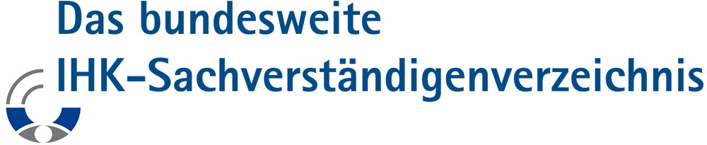 Blauer Text "Das bundesweite IHK-Sachverständigenverzeichnis" mit einem grauen und blauen Logo davor.