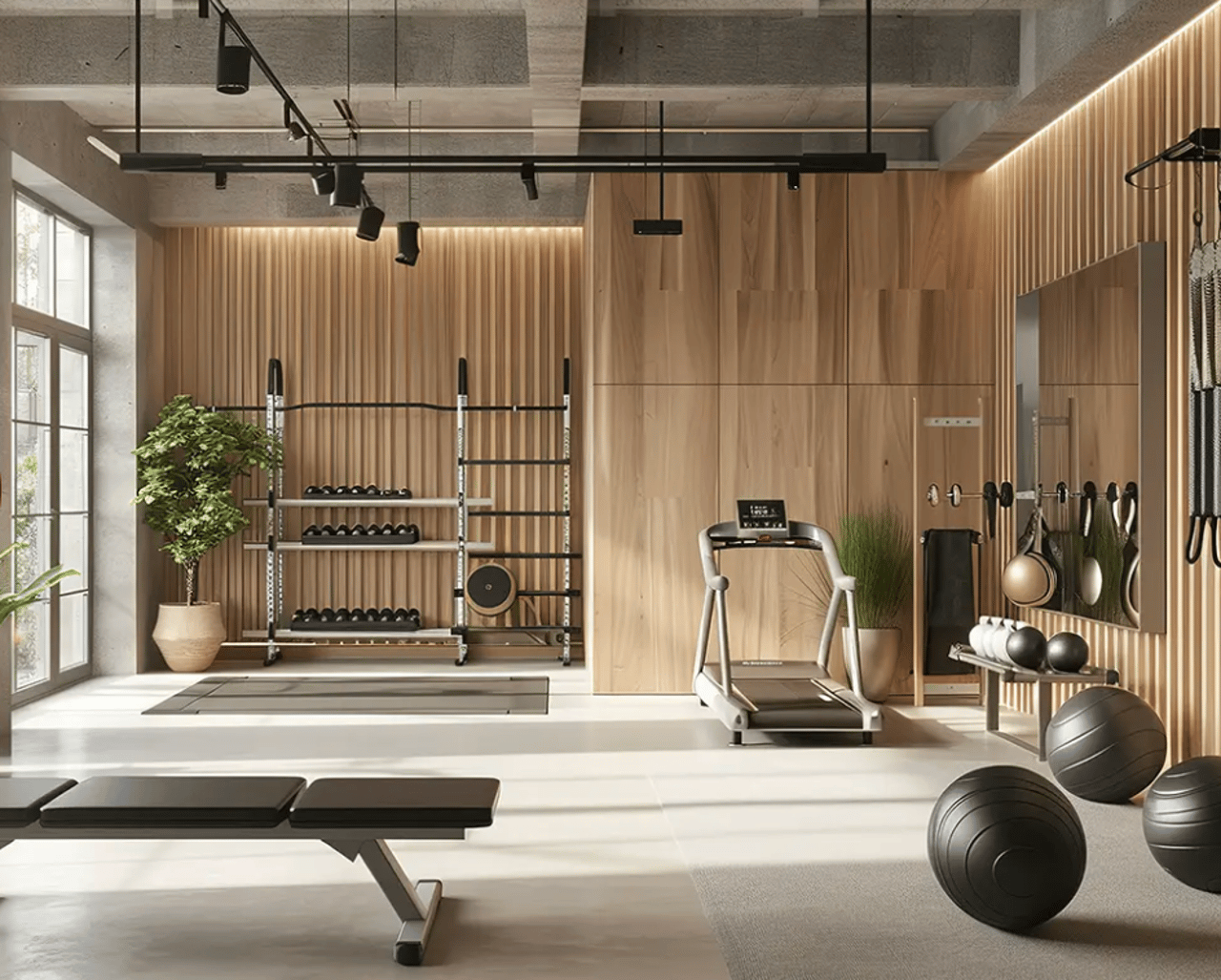 Fitness-Lounge mit Technogym-Geräten und Gymnastikbereich