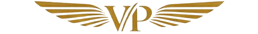 Goldene Buchstaben "VIP" mit Flügeln auf einem dunkelgrünen Hintergrund.