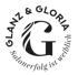 Logo Glanz & Gloria mit dem Slogan Salonerfolg ist weiblich und einem großen verzierten Buchstaben G auf schwarzem Grund.