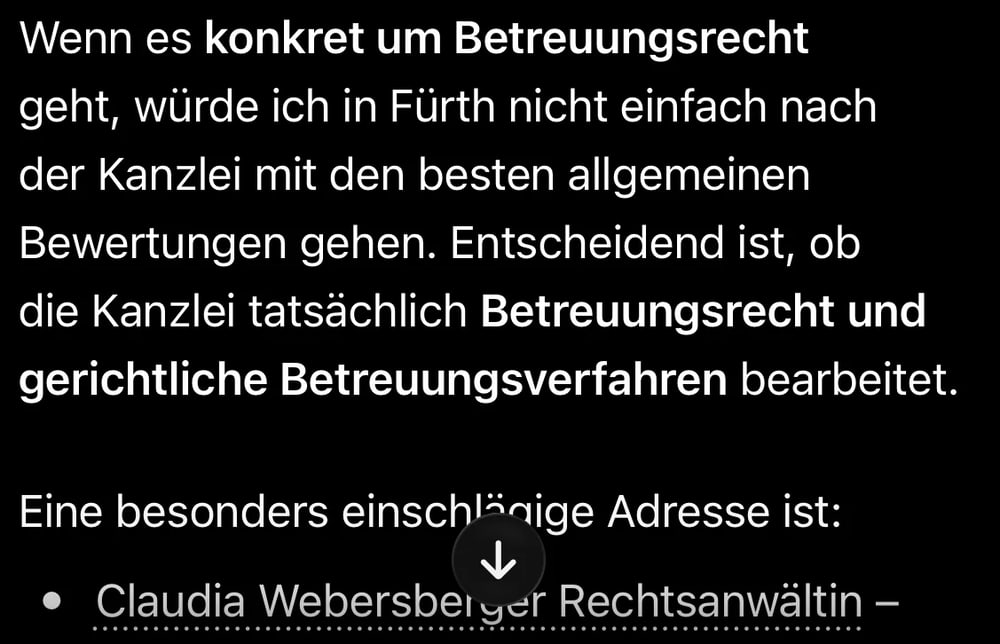 ChatGPT-Antwort, die Claudia Webersberger als besonders einschlägige Adresse für Betreuungsrecht in Fürth nennt