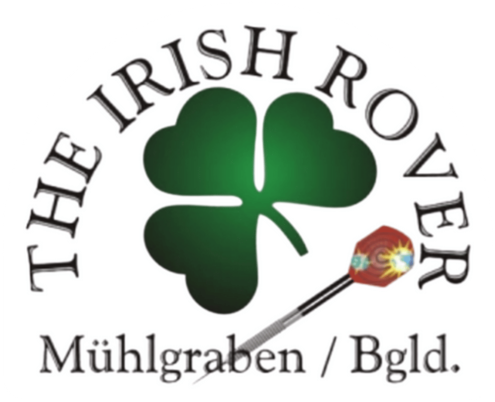 Logo: „THE IRISH ROVER“ mit Kleeblatt, Dartpfeil und „Mühlgraben / Bgld.“