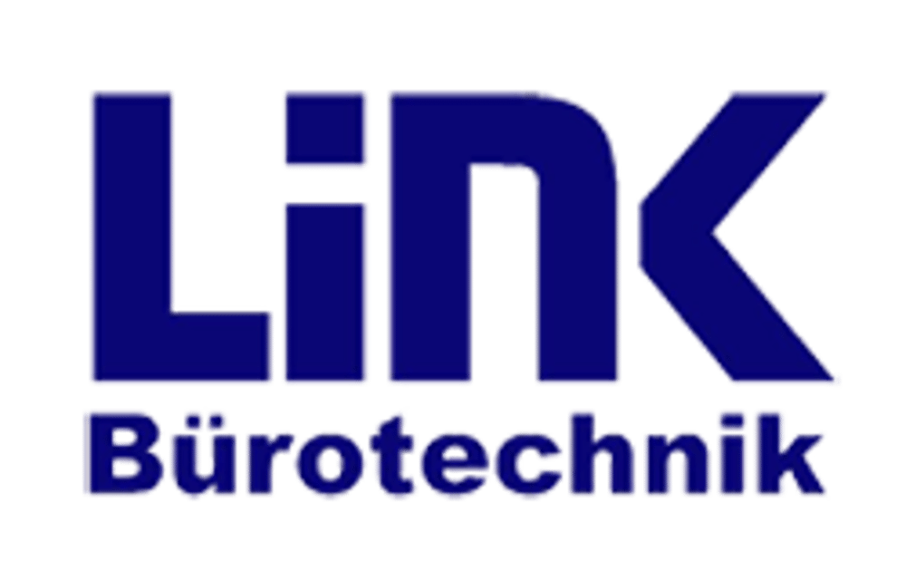 Blaues "LINK Bürotechnik" Logo auf dunkelgrünem Hintergrund.
