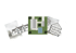 Drei Baupläne: Vorderansicht eines Hauses, Draufsicht mit Pool und Querschnitt eines Hauses.