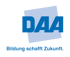 DAA Logo mit blauem Text "DAA" auf hellblauem, schrägem Rechteck und dem Slogan "Bildung schafft Zukunft."